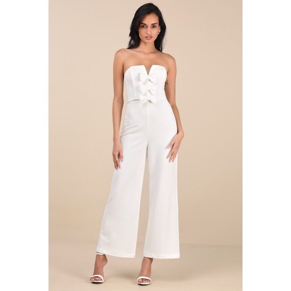 Lulus Opulent Outlook White Bow Strapless Wide-leg Jumpsuit - Size L